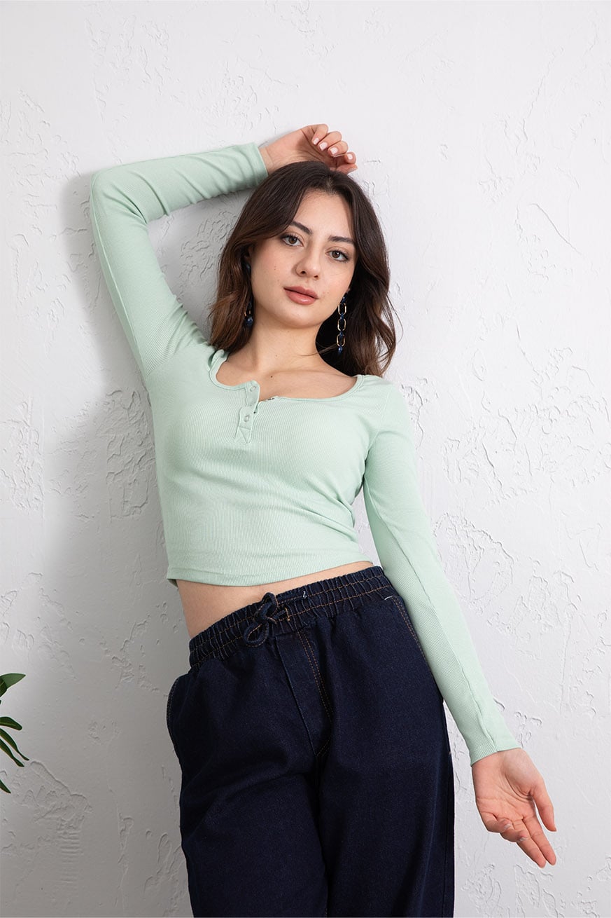 Elegant Çıtçıt Yaka Fit Bluz Su Yeşili